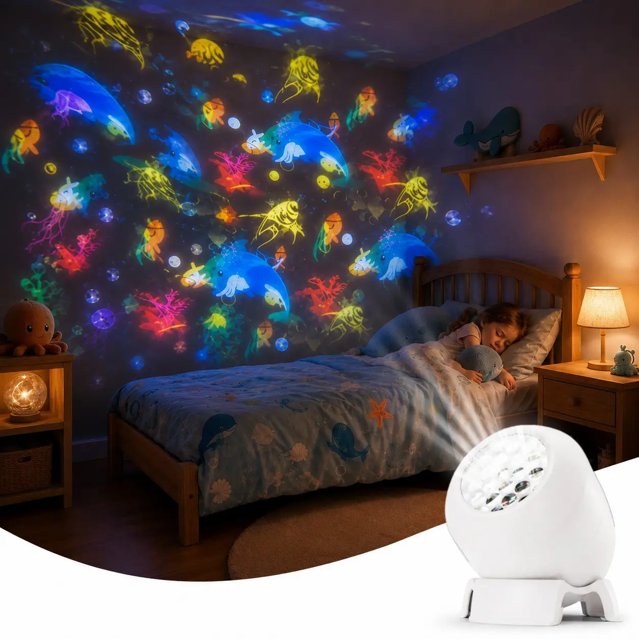 LED Ocean Projector Lamp, Rechargeable Dynamic Night Light with 360° Rotation, Colorful Sea Life Wall Ceiling Projection for Bedroom Game Room and Indoor Decor,Indoor Decorative Light,LED Atmosphere Lamp, Ambient Vibe Lights, Led Ambient Lighting