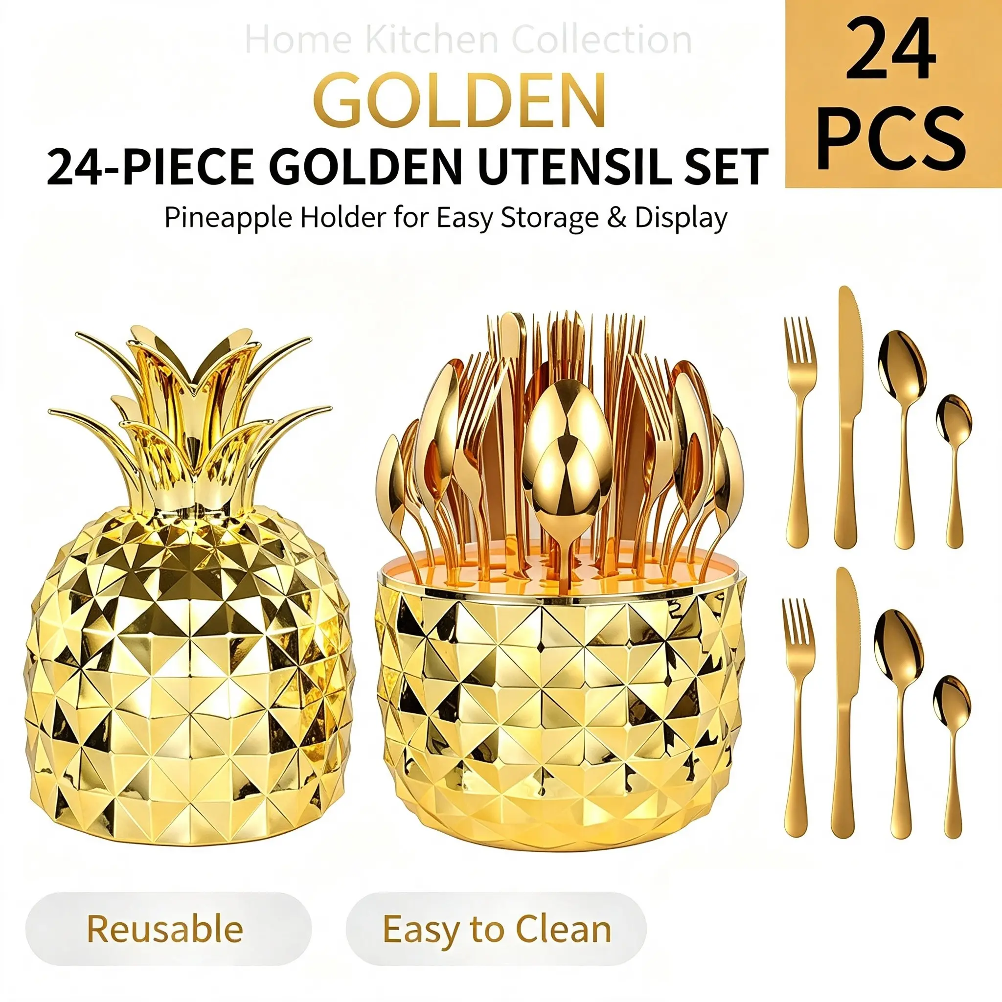 Luxury Pineapple Design Cutlery Set, 24-Piece Western Dining Knife Fork Spoon Gift Box, Trendy Tableware Collection