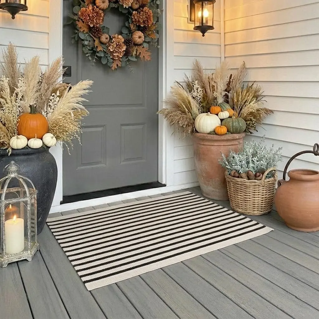 2x3 Outdoor Layering Rug for Front Porch Small Striped Under Doormat | Washable Black and Cream Striped Layered Door Mats   Woven Throw Carpet for Entryway Front Steps Fall Decor