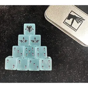 Warhammer 40K Raven Guard Ice Frosted Resin Dice Set Light Blue Transparent Base Dark Black Engraved Eagle Emblem Skull Pips Warhammer 40K AOS TOW DND Tabletop RPG Collection Tin Case Players Essential