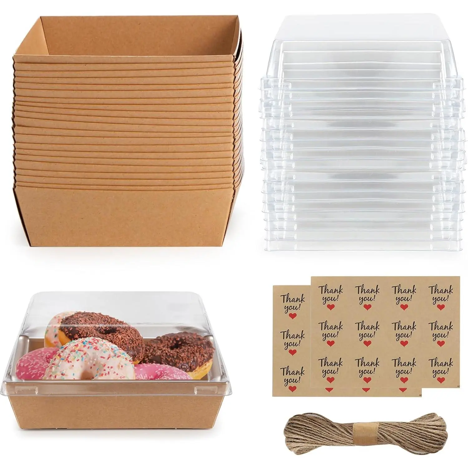 Charcuterie Boxes 20 Pack with Clear , Square Disposable Paper  Containers to Go Bakery Boxes for Strawberries, Cake Slice, Desserts, Valentine, Party, Wedding, Outdoors and  Use (Brown)