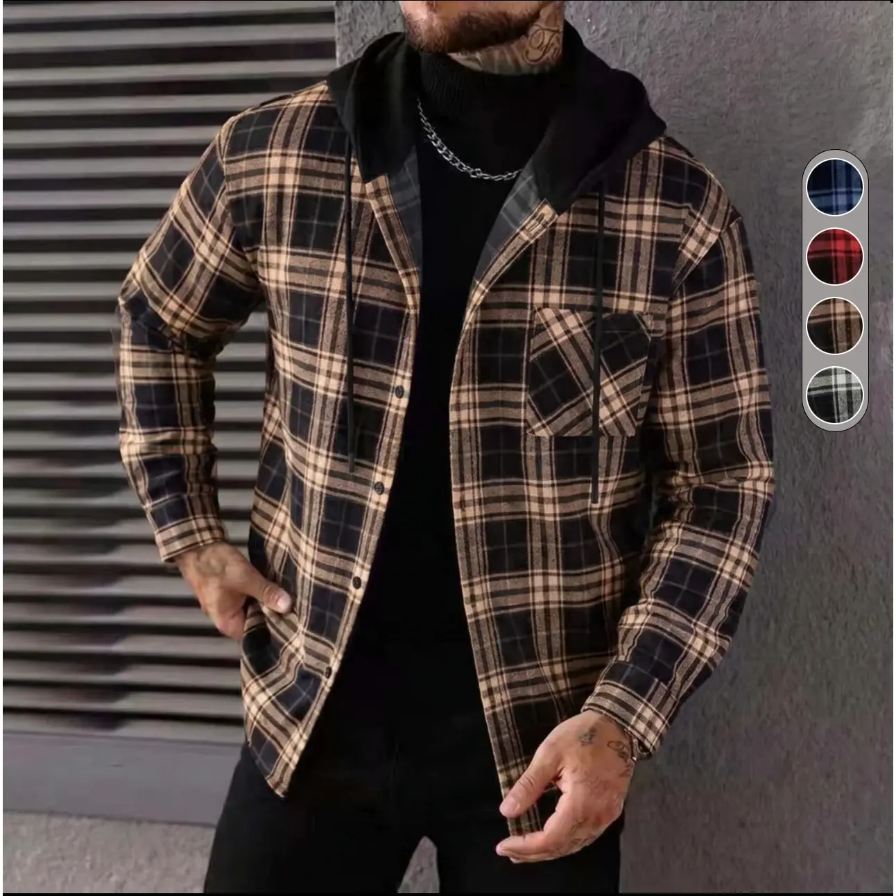 Men's Hooded Plaid Shacket Long Sleeve Button Down Flannel Shirt Jacket Casual Streetwear Outerwear