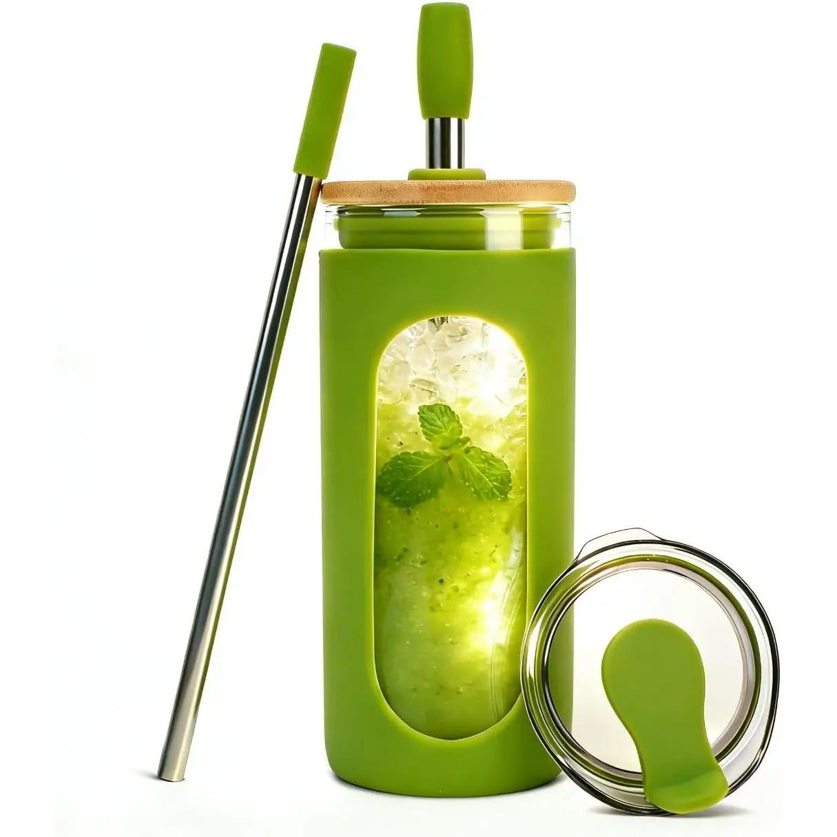 Glass Matcha Cup with Straws and , 20 oz  Borosilicate Glass Iced Coffee Cup with  for, Smoothie, Boba, Juice,Travel to Go Tumbler  - Lime Green