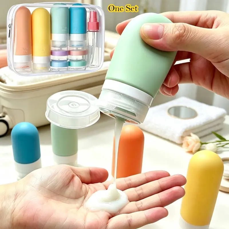 Macaron Pastel Silicone Travel Bottle Set, Cute Soft Squeezable Toiletry Bottles for Girls, Suitable for Lotion, Toner and Shampoo, Complete Accessories Including Jars and Spray Bottles, Leak-Proof Sealed Portable Containers, Ideal for Airplane,