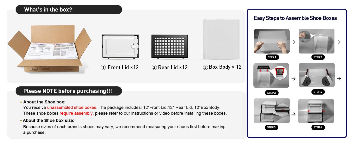 X-Large Plastic Stackable Storage Boxes Organizer 12 Pack - Clear for Shoe Rack & Holder Substitute, Black & Pink