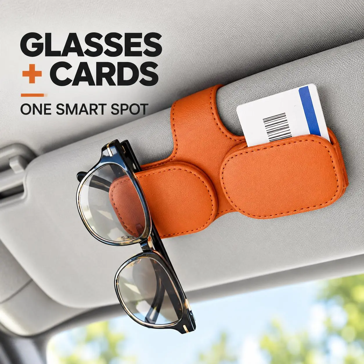 2-in-1 Car Sun Visor Sunglasses Holder, Double Magnetic Eyeglass Clip with Card & Ticket Storage, Soft PU Leather One-Hand Glasses Organizer, Universal Auto Interior Accessory for Cars, SUVs, Trucks, Daily Commutes & Road Trips, Secure Easy Installation