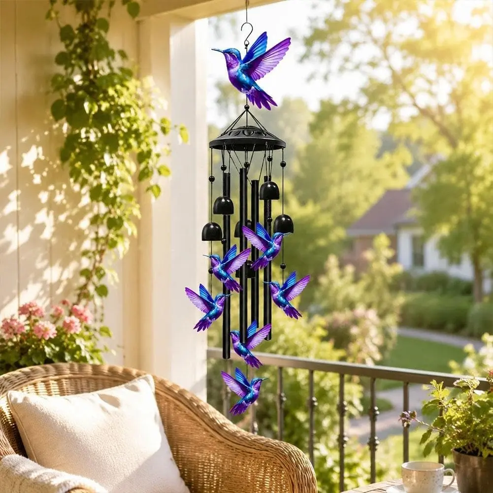 Hummingbird Outdoor Wind Chime, 38-Inch Aluminum Melody Decorative Patio Hanging Decor, Iron Pole and Weather-Resistant Nylon Rope, Birthday Gift