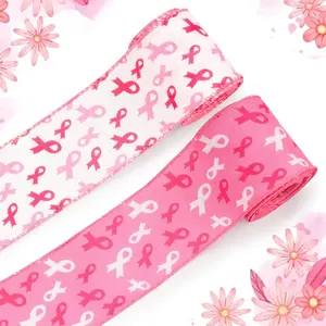 2 Rolls 10 Yards Breast Cancer Awareness Wired  Ribbons, 2.5inch  White Awareness Ribbon, Breast Cancer Ribbon for Breast Cancer Awareness Women Activities Wreath Bow Decor