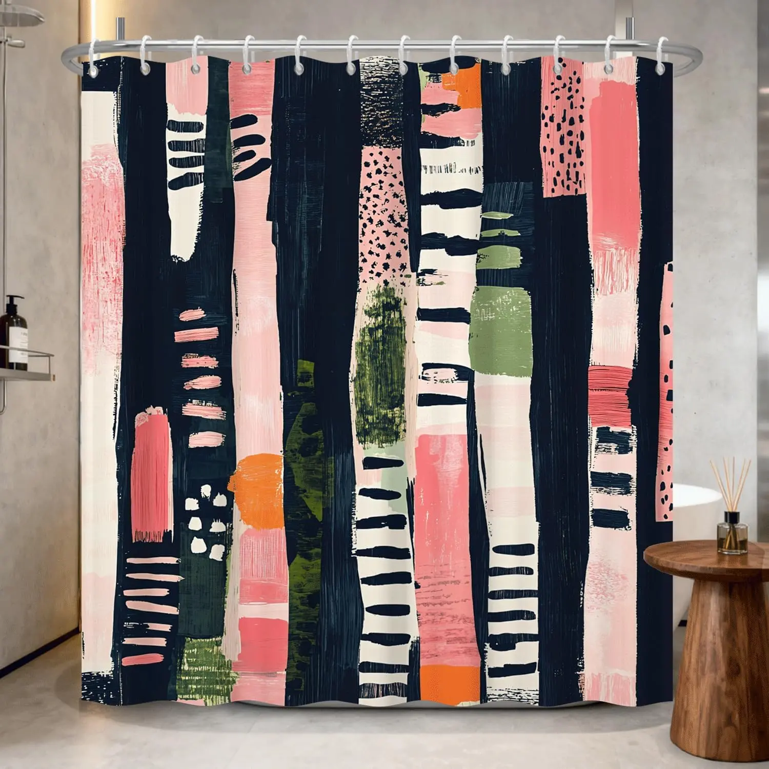 Abstract Shower Curtain 71x74 Inch, Artistic Brushstroke & Color Block Pattern Waterproof Fabric Bath Curtain with Hooks, Mid-Century Modern Bohemian Decor for Bathroom & Bathtub
