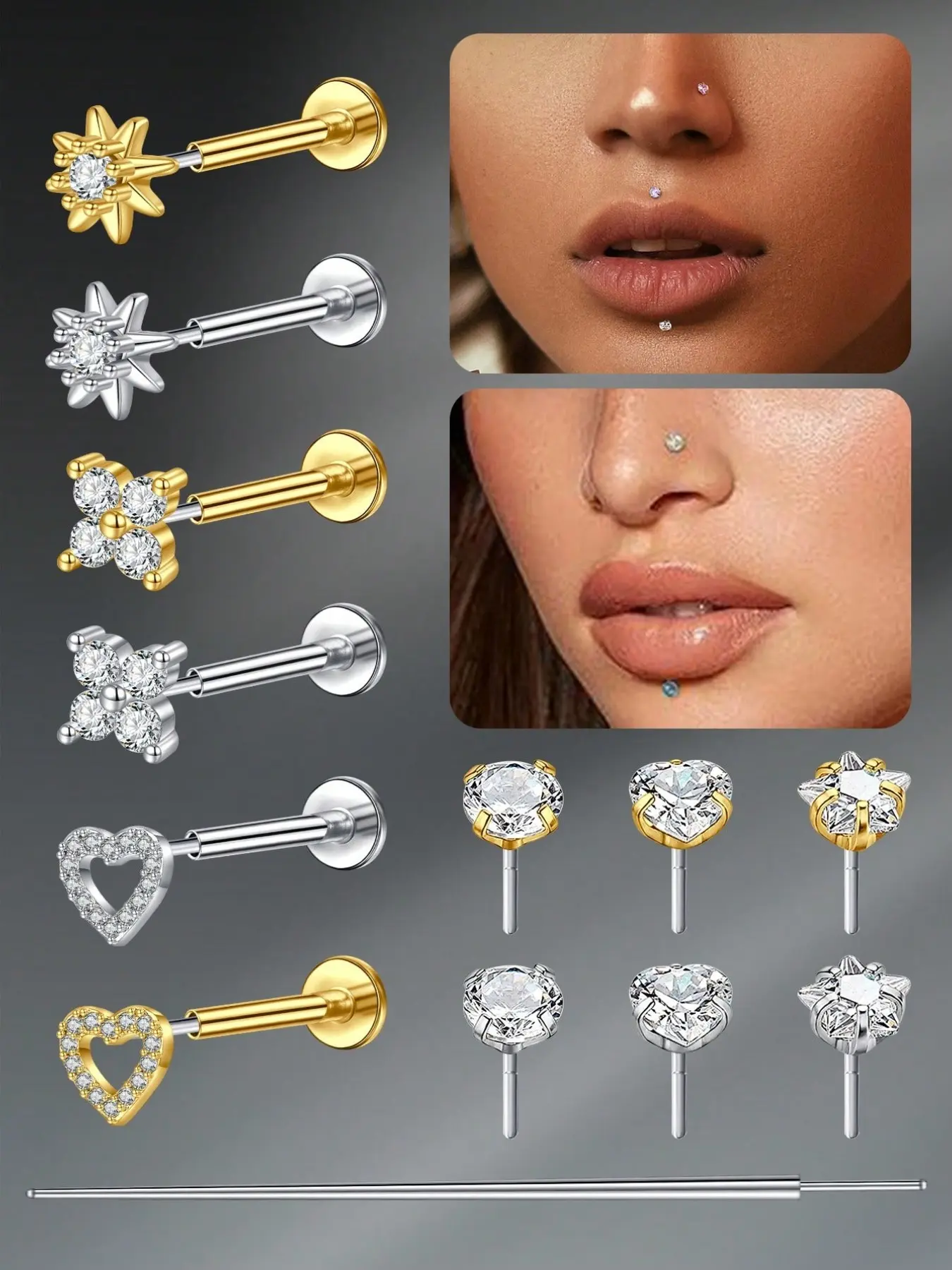 13pcs Funky Stainless Steel Heart Lip Studs for Women, 18g Lip Piercing Jewelry, Push in Lip Studs, Cartilage Tragus Earrings, Labret Piercing Jewelry