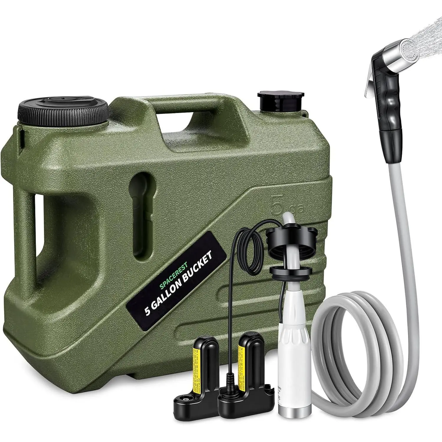 SPACEREST Portable Electric Camping Shower with Integrated Spill-Resistant Design, 5-gal Food-Grade Water Jug, 2 Batteries for Camping, Hiking, Outdoor Use