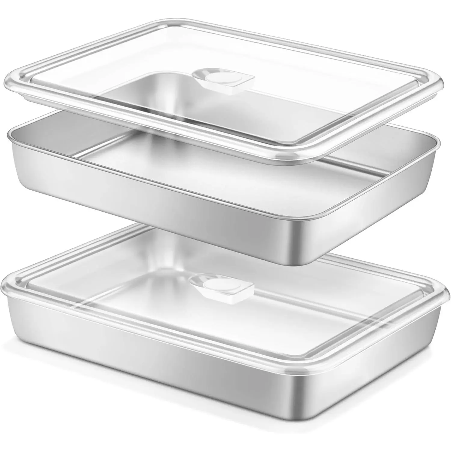 Stainless Steel Lasagna Pan with Lid, 12.4x9.8x2 Inch Baking Pan | Set of 2, Rectangular Cake Pan with Cover, Metal Brownie Casserole Dish Tray for Oven, Heavy Duty, Fridge & Dishwasher Safe