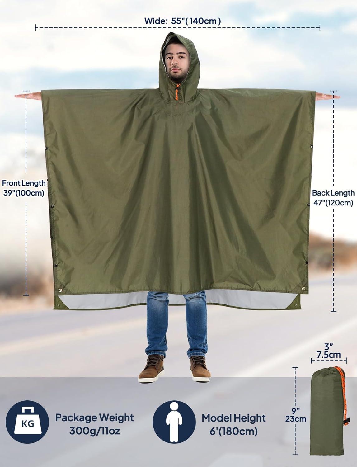 Hooded Rain Poncho for Adults Waterproof Lightweight Rain Coat for Men Women Reusable Rain Jacket for Emergency Outdoor