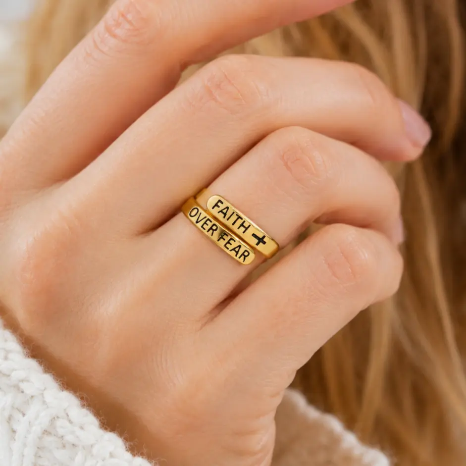 Women's 24K Gold Plated Hypoallergenic Stainless Steel Statement Cross Ring - Adjustable Stackable Open Cross Emblem, Round Shape, Black Engraved Inspirational Quote, Christian Gift, Non-Tarnish Daily Wear Costume Jewelry, Cross Emblem Rings, Hypoallergen