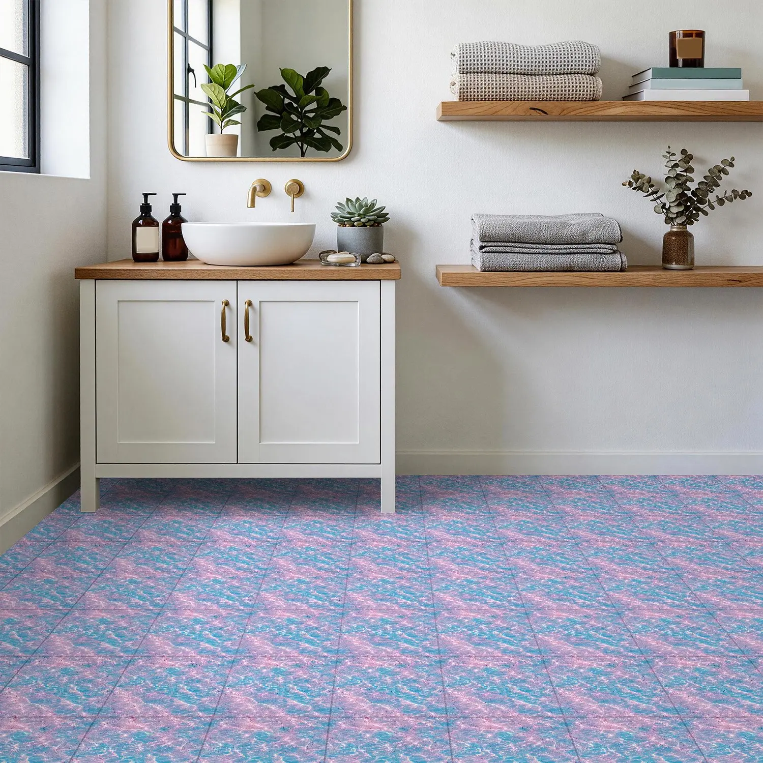 8/12Pcs Pink and Blue Water Ripple Peel and Stick Floor Tiles Sticker,Self Adhesive Vinyl Flooring,Waterproof PVC Flooring,Non-Slip,Easy to Clean for Bathroom Bedroom Kitchen Decor