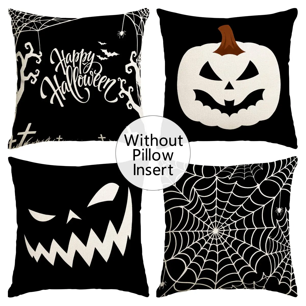 4pcs Retro Pumpkin, Spider Web, Ghost Face Printed Pillow Cover, Black and White Simple Halloween Cushion Cover, Home Decoration Sofa Pillowcase, Used for Living Room, Sofa, Bedroom, Halloween Decoration Supplies (No Pillow Core)
