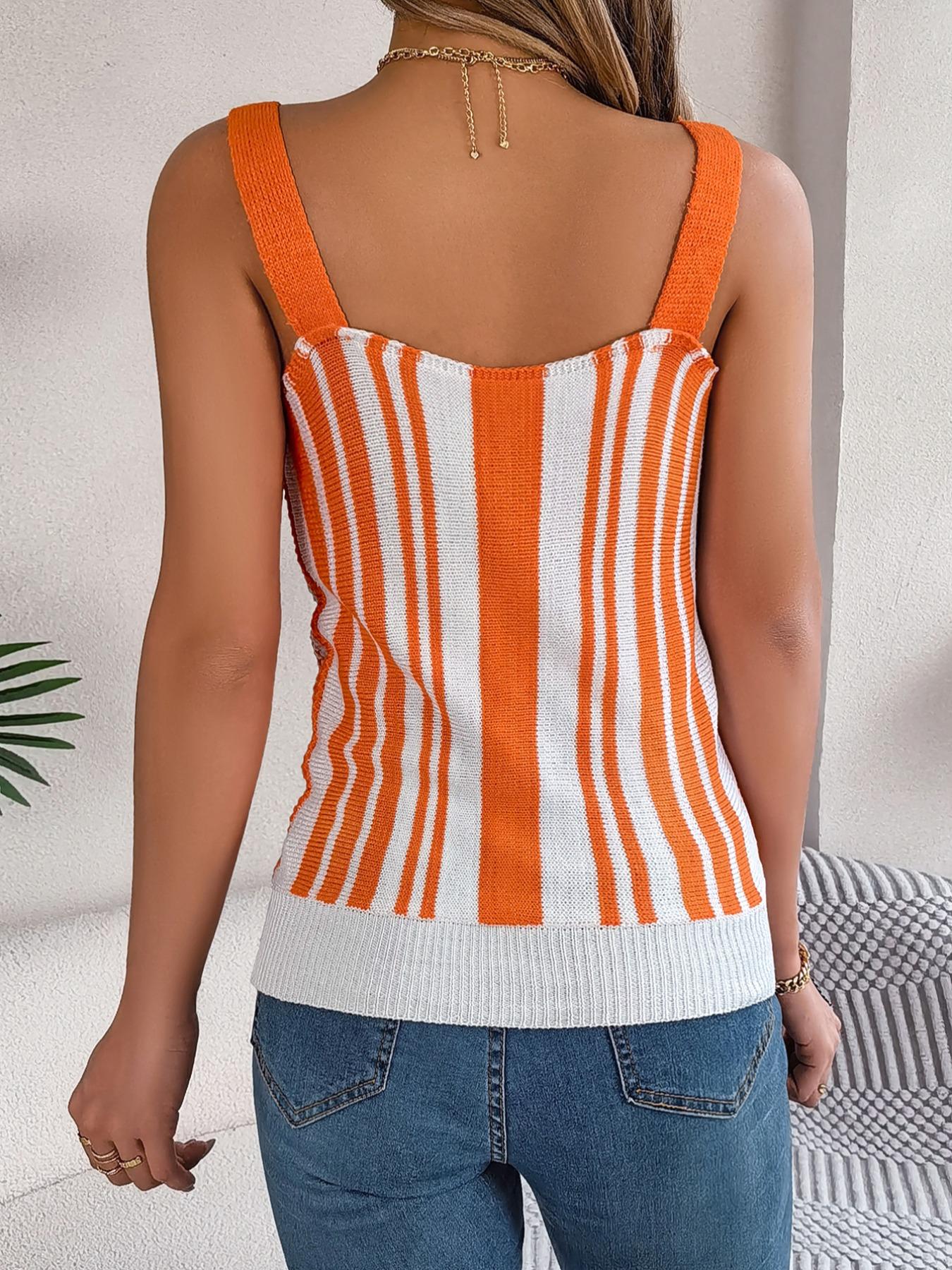 Women's Colorblock Striped Print Fake Buttons Hollow Out Sweater Vest, Casual Sleeveless Straps Knit Top for Summer, Ladies Clothes for Daily Wear