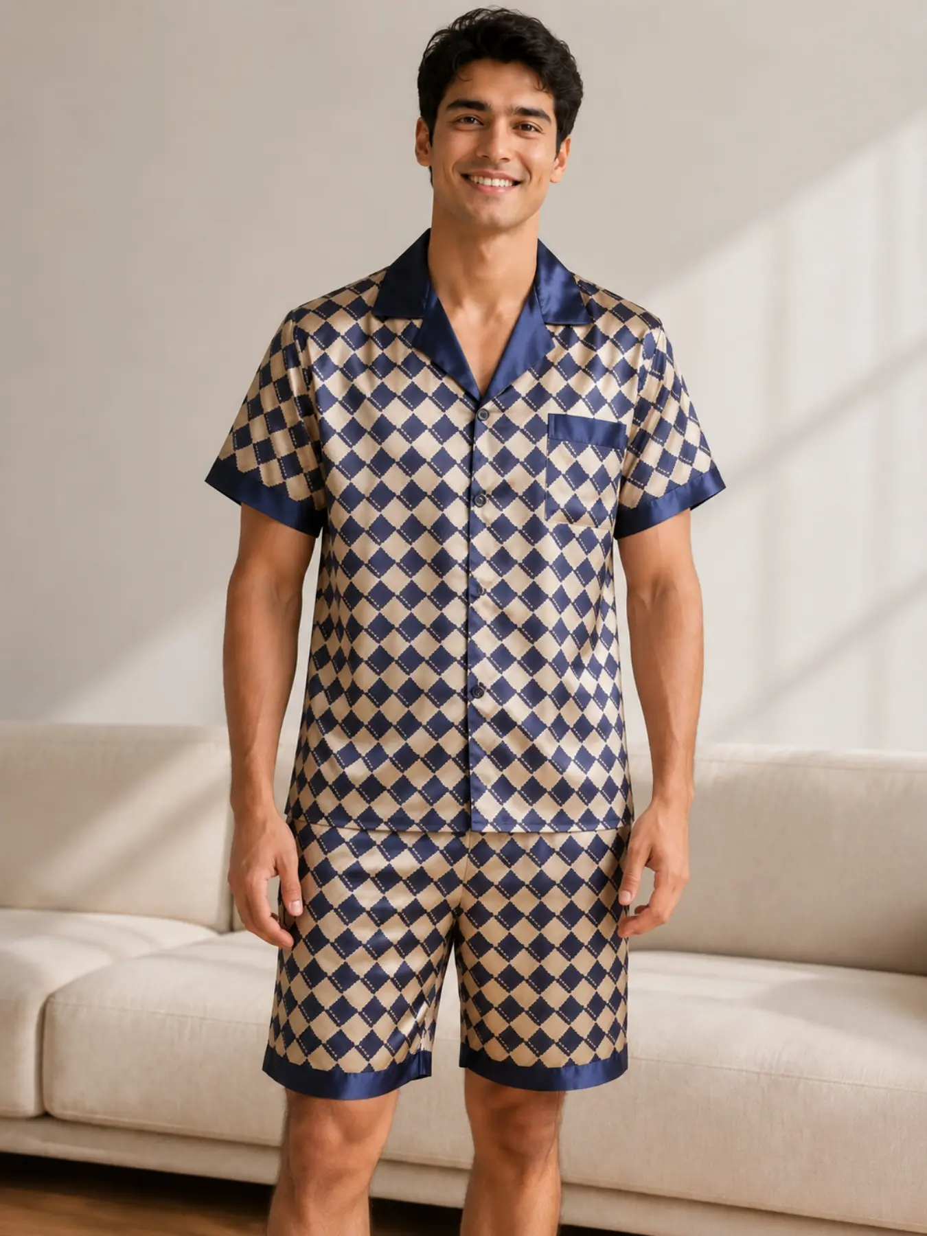 Men's Blue Plaid Short Sleeve Sleepwear Set, Smooth Elastic Two-Piece Home, Casual Slim-Fitting Pajamas for Comfort