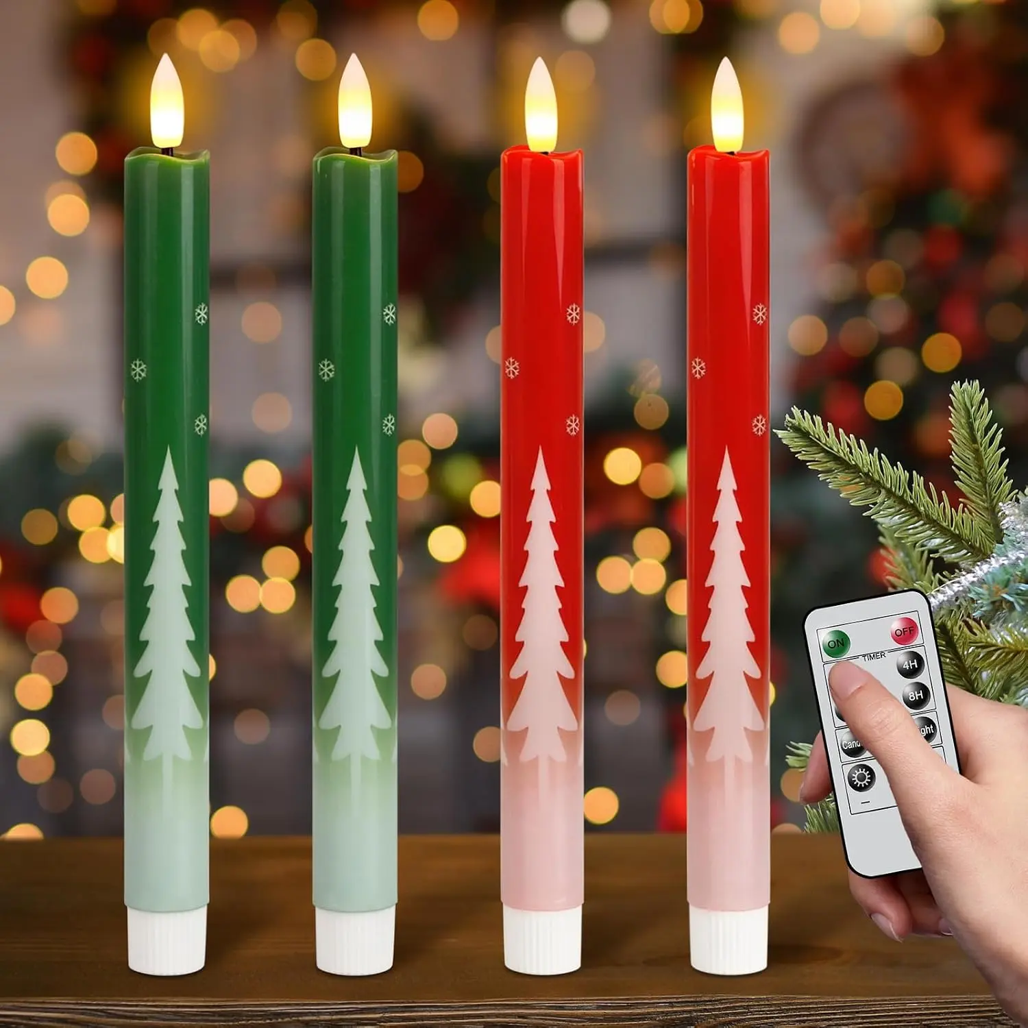 Christmas Flameless Taper Candles with Remote Timer | Real Wax  Operated Candles  Wick with Christmas Tree  for Christmas Thanksgiving  Decoration(4Pack)