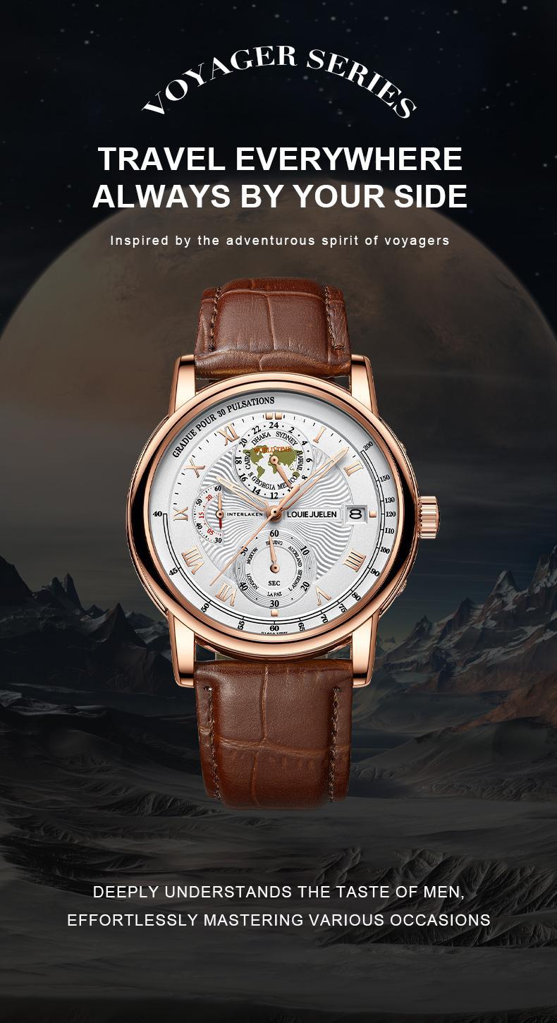 Men's Navigator high-end fashion watch: Swiss original movement, 42mm dial, leather strap, stainless steel case, waterproof luminous function, scratch and knock resistant, suitable for parties, business meetings, casual wear.