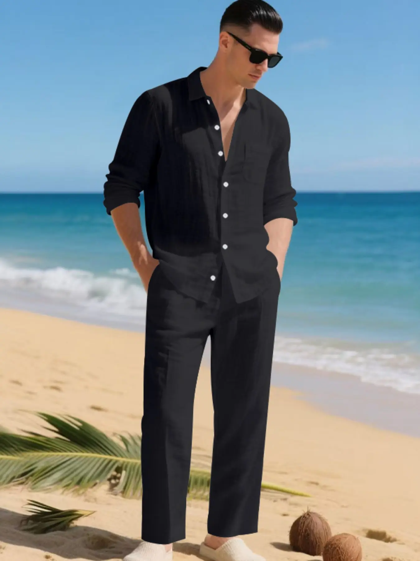 2-piece summer men's linen shirt (Top) and linen straight-leg pants set, comfortable, quick-drying and breathable, no color difference. Suitable for autumn seaside vacations and daily wear. Fashionable and versatile clothing for men.