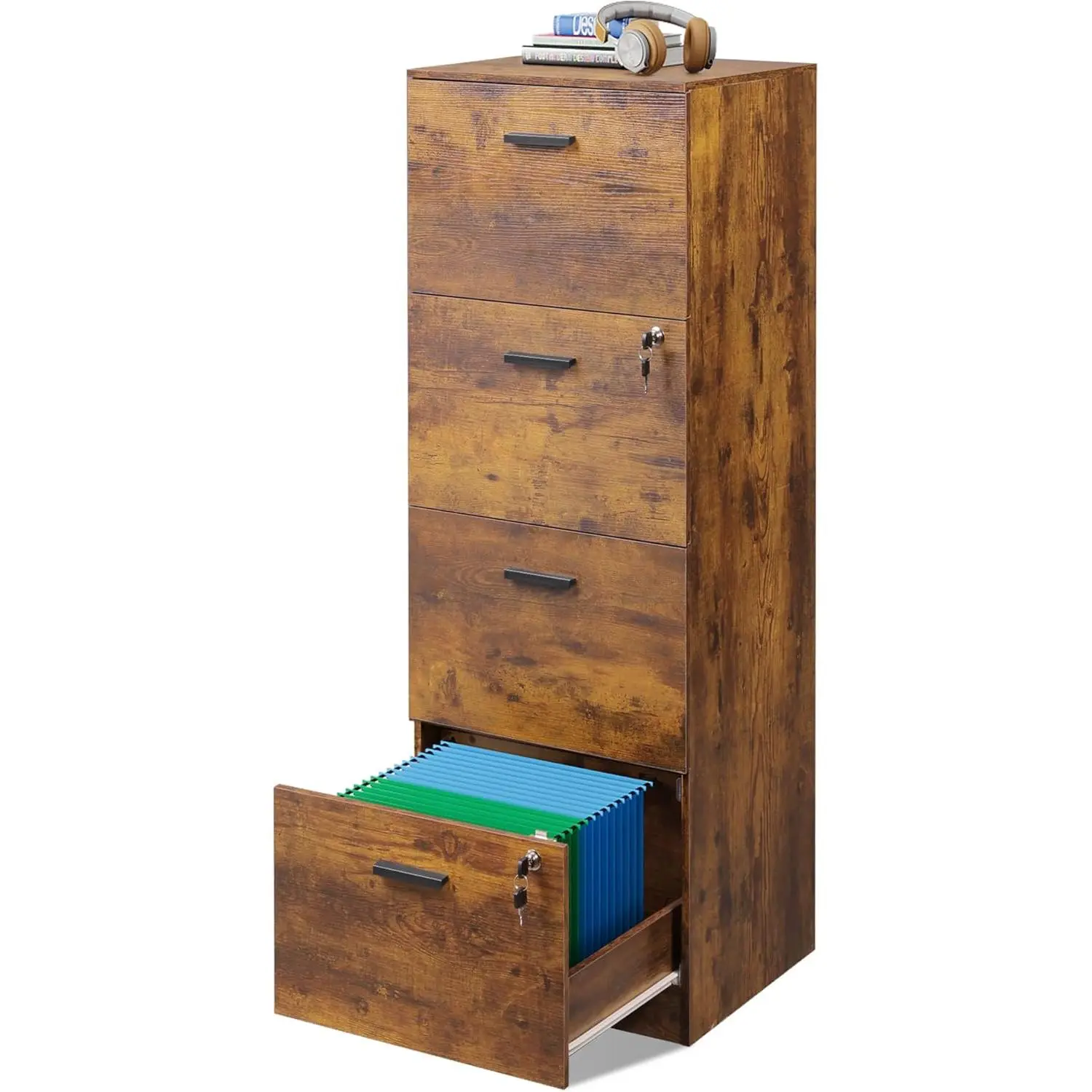 DEVAISE 4-Drawer Lockable Vertical File Furniture, Rectangular Single Unit with Sturdy Base, Wood Storage Cabinet for A4/Letter Files, Home Office Organization Solution