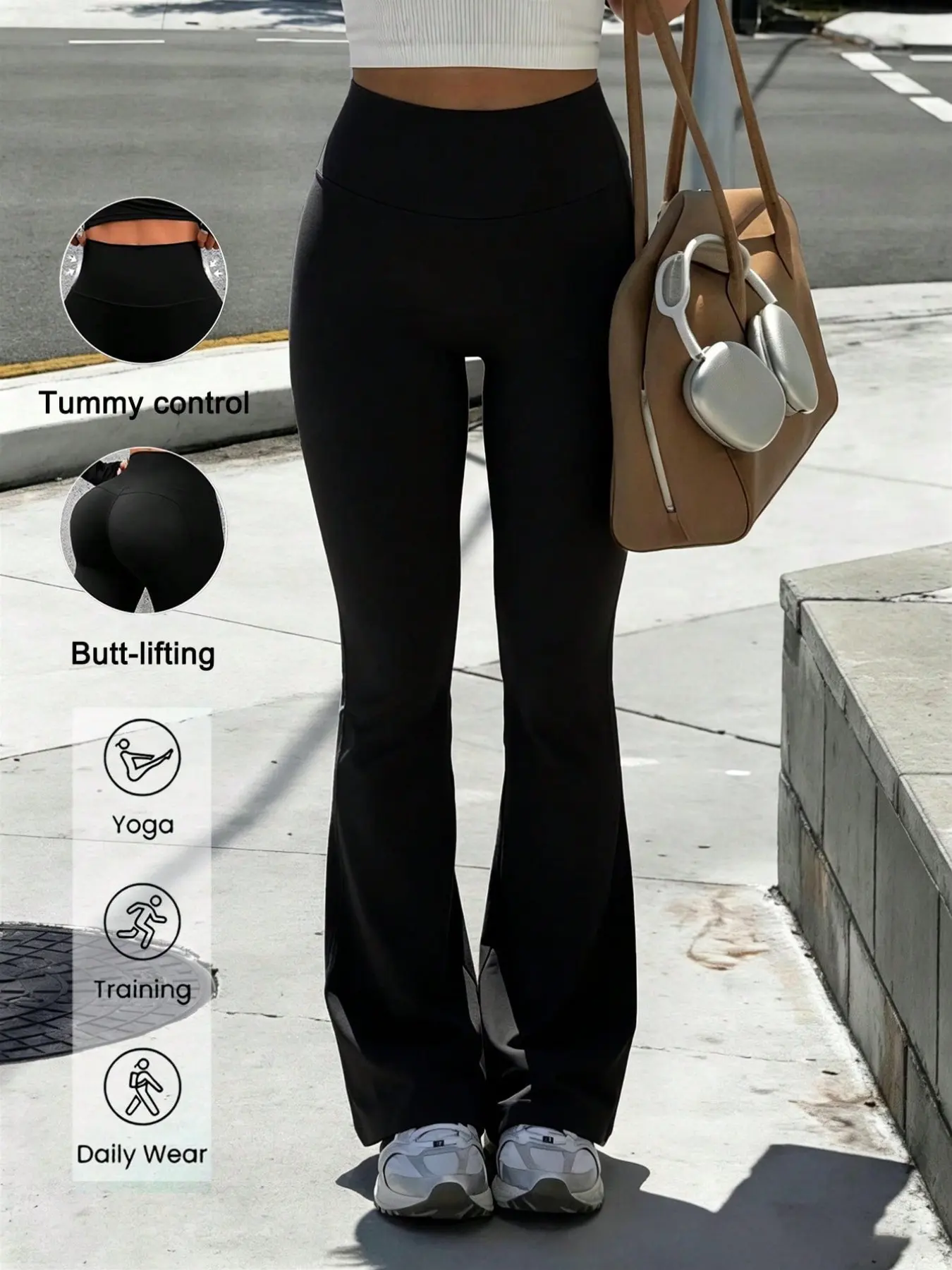Women's Sport Casual Long Pants, High-waisted Tummy Control Butt Lifting Slim Fit Solid Color Flare Leggings, High Rise Leggings, for Yoga, Training, Gym and Daily Wear