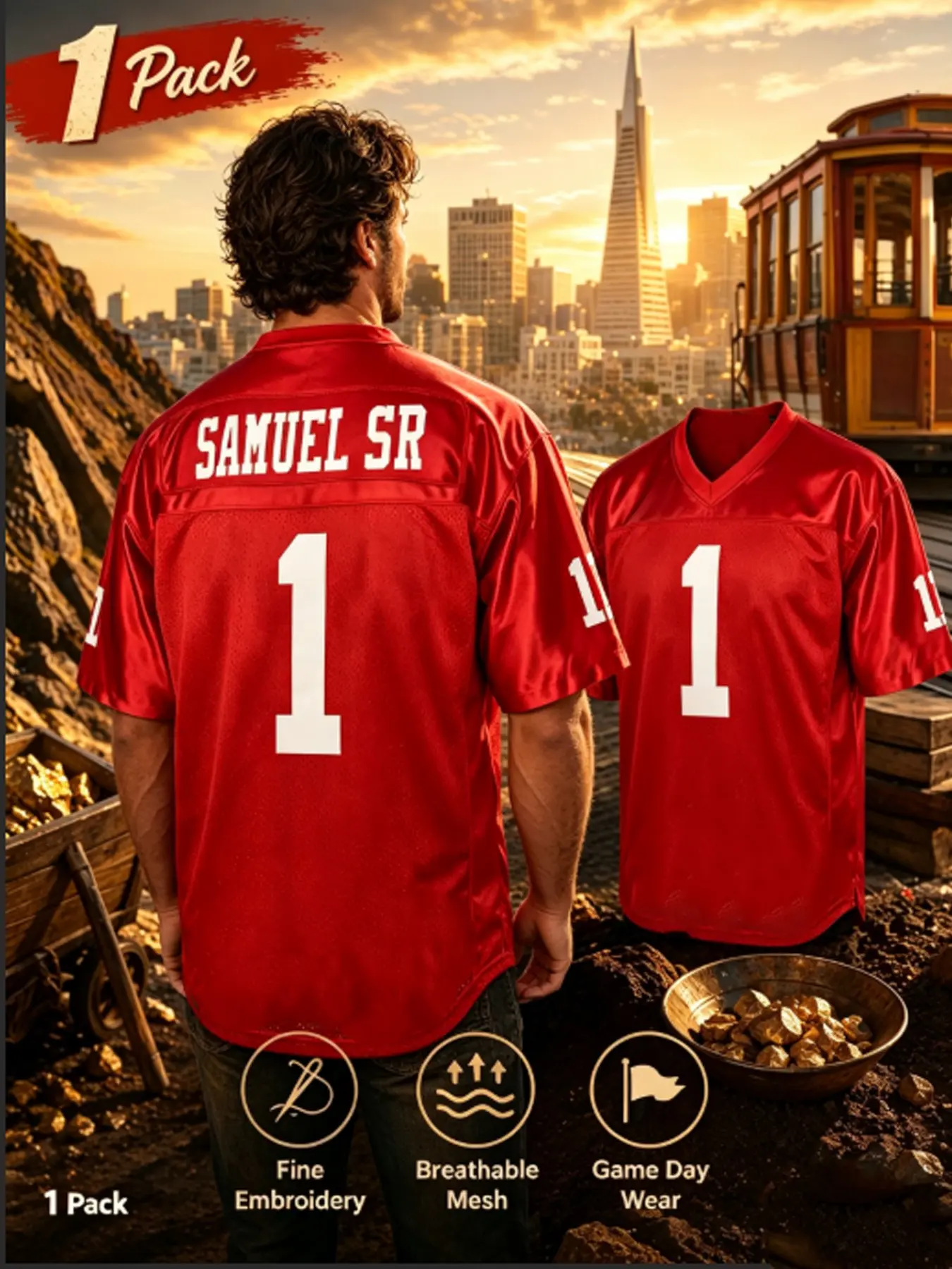 Men's Number 1 American Football Jersey, Classic V-Neck Short Sleeve Athletic Uniform, Breathable Sports Shirt for Football Fans Training & Casual Streetwear