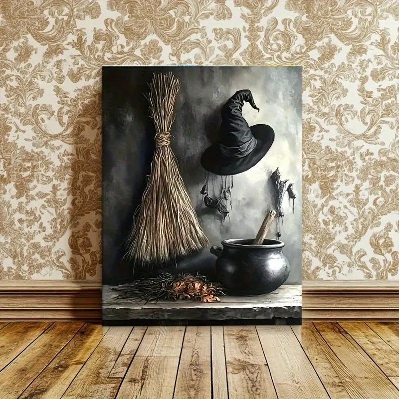 Framed 2D Flat Canvas Artwork Featuring a Captivating Witch Design, Perfect for Magical Fantasy-Themed Decor in Bedrooms And Other Spaces. This Rustic Witchcraft Painting Includes Elements Like a Broomstick