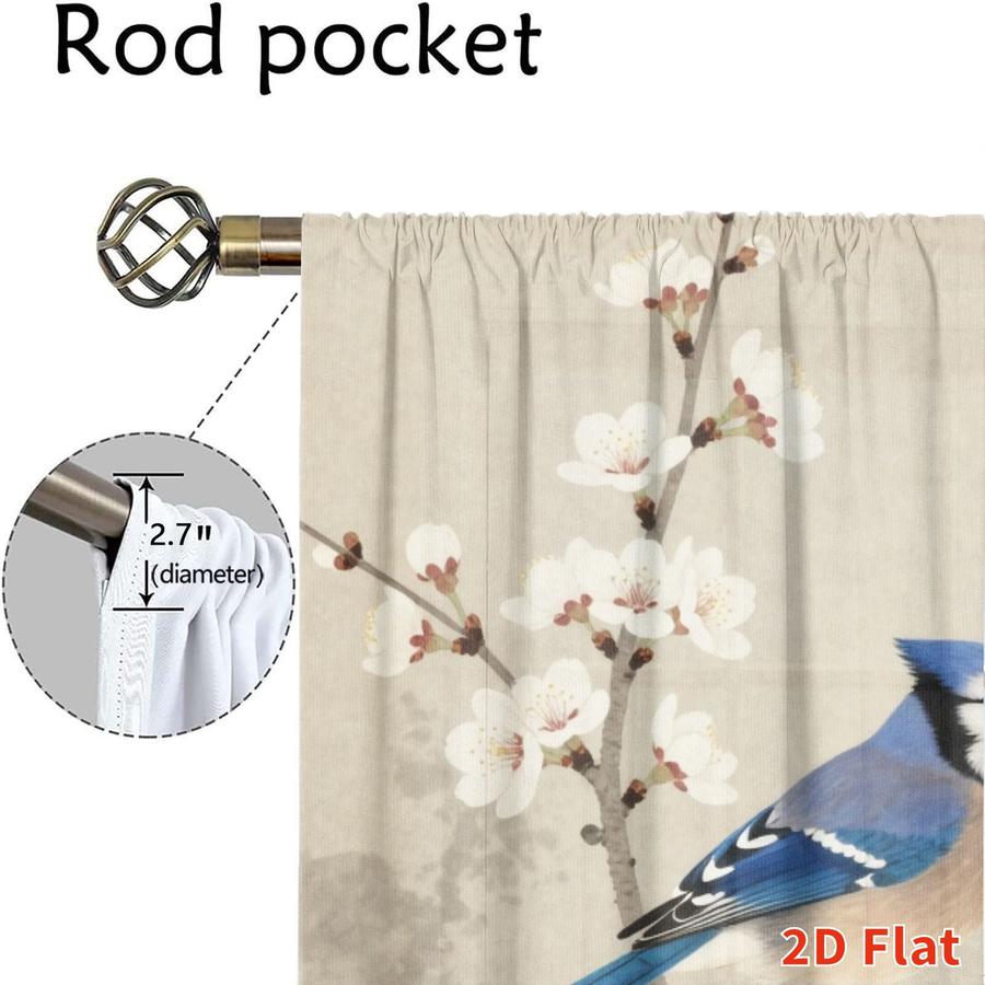 2Pcs Japanese Style Blue Jay Bird Plum Blossom Floral Curtains Digital Printed Rod Pocket, Window Treatment For Bedroom Office Kitchen Living Room Study Home Decor