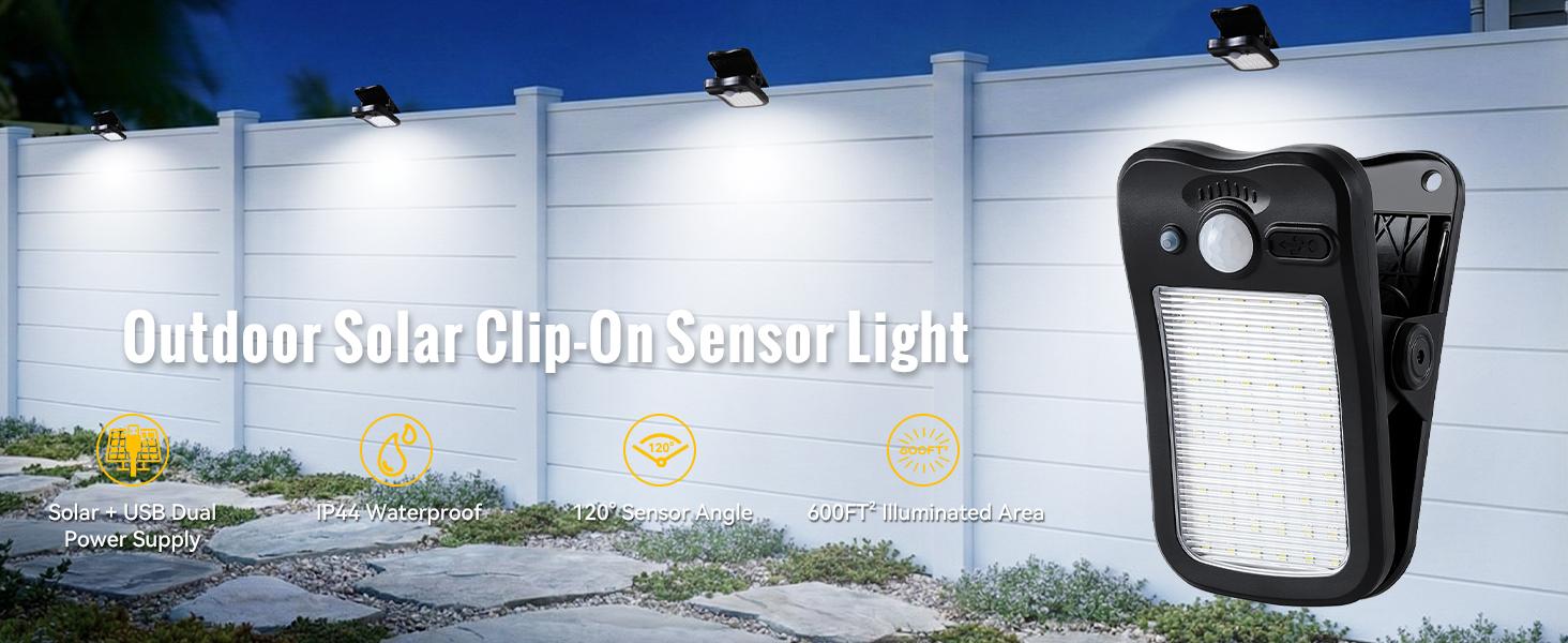 Clip on Solar Lights Outdoor, 60 LED Solar Motion Sensor Clamp on Light with 3 Modes, IP65 Waterproof Portable Clamp Lights for Patio Fence Garden Deck