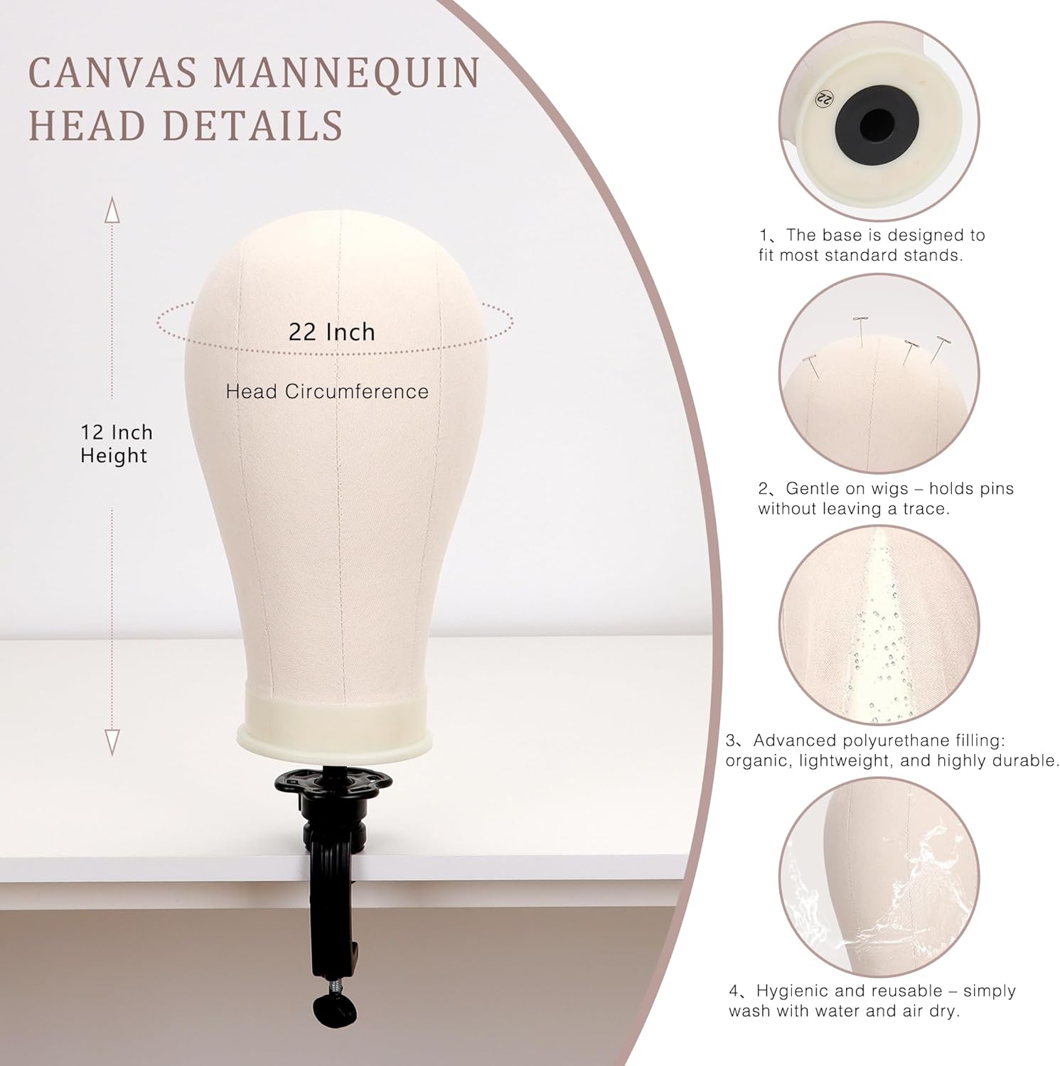 SUNDAY MIRTH 22'' Canvas Wig  with 61'' Adjustable Tripod Stand, Mannequin  Set for Styling, Display  Includes Caps, Elastic Bands, Stand & Tool Kit for Beginners and Professionals