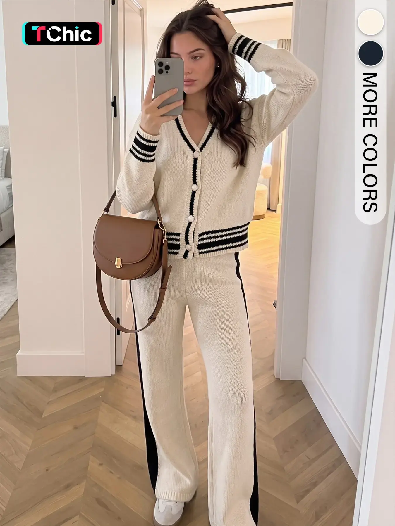 Women's Striped Print Contrast Binding Sweater & Pants Two-Piece Set, Casual Drop Shoulder V Neck Long Sleeve Top & Wide Leg Trousers Set for Fall & Winter, Women's Clothes for Daily Wear Fit