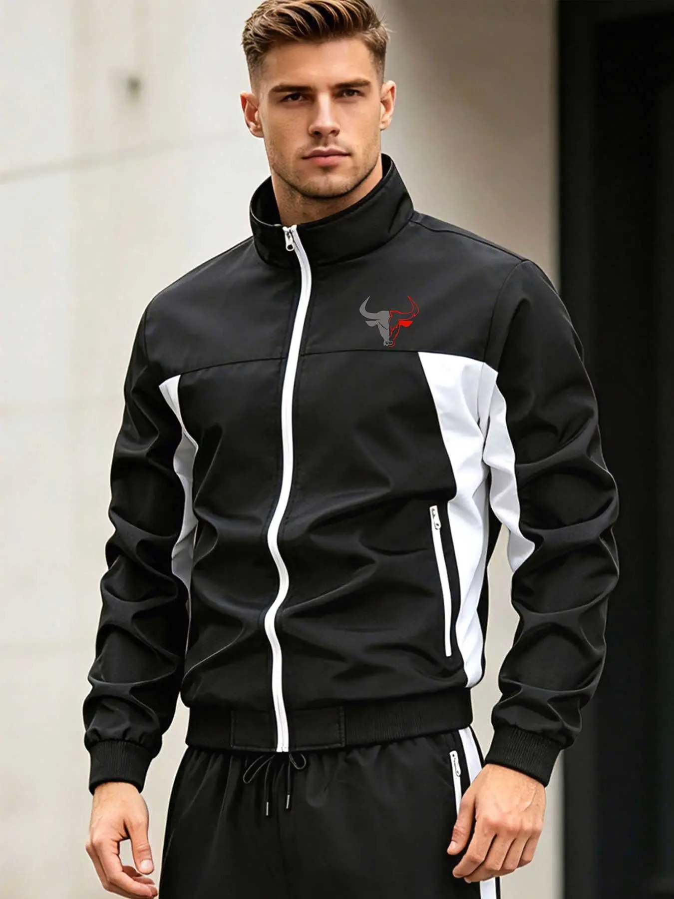 Men's Casual Bull Print Jacket, 100% Polyester, Lightweight Long Sleeve Zipper, Baseball Neck, Outdoor & Street Style