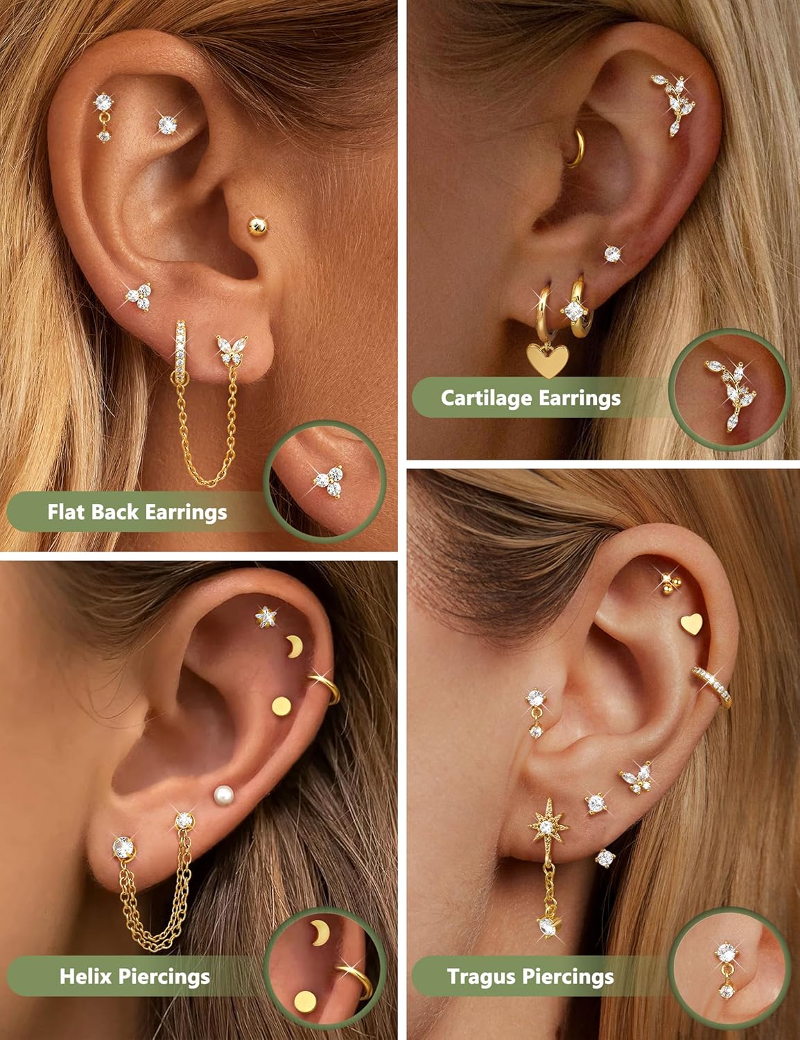 CASSIECA 21Pcs Piercing Ear Surgical Steel Helix Piercings Gold Silver Hoop Earrings Stud Set Cartilage Earrings Tragus Conch Helix Piercing Ear Jewelry