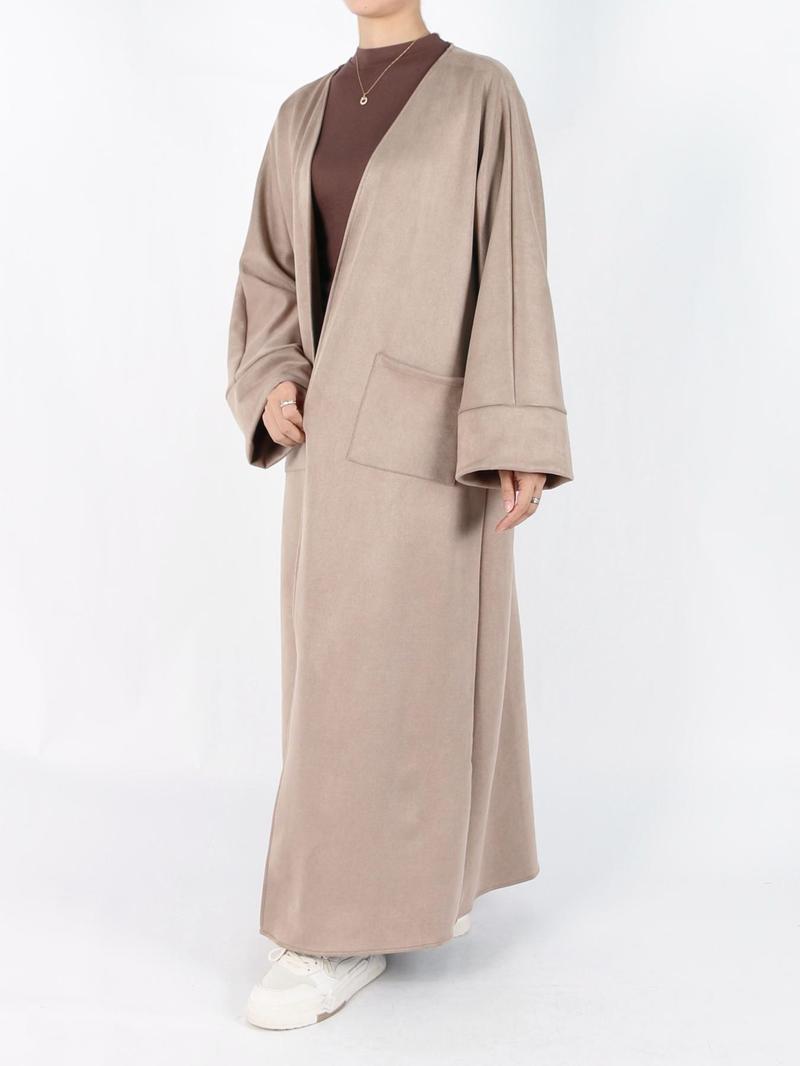 Women's Solid Long Sleeve Open Front Suede Coat, Elegant Long Sleeve Pocket Design Long Coat for Fall & Winter, Women's Islamic Clothing for Daily Wear, Modest Muslim Outfits