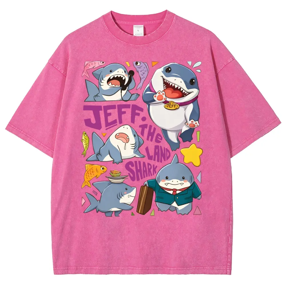 Unisex JEFF. THE LAND SHARK: A Day of the Land Shark Graphic Washed T-Shirt Personalized Pattern Y2k Clothing Round Neck Washed T-Shirt,Women's Clothing 100% Cotton, Menswear, Top, Vintage Style,Summer Casual Oversized