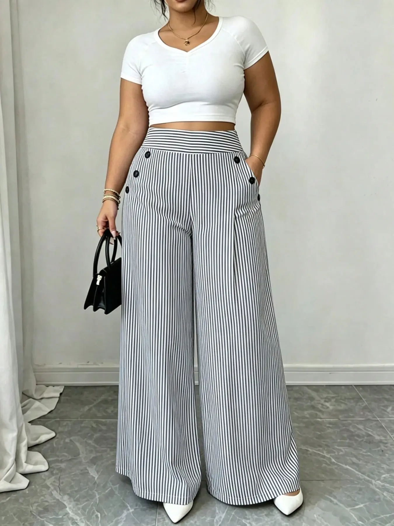 Plus Size Women High Waist Vertical Stripe Wide Leg Pants, Side Button Loose Fit Casual Comfy Baggy, Practical Pockets, Office Casual Long Pants，Curvy Friendly Flowy Casual Bottoms