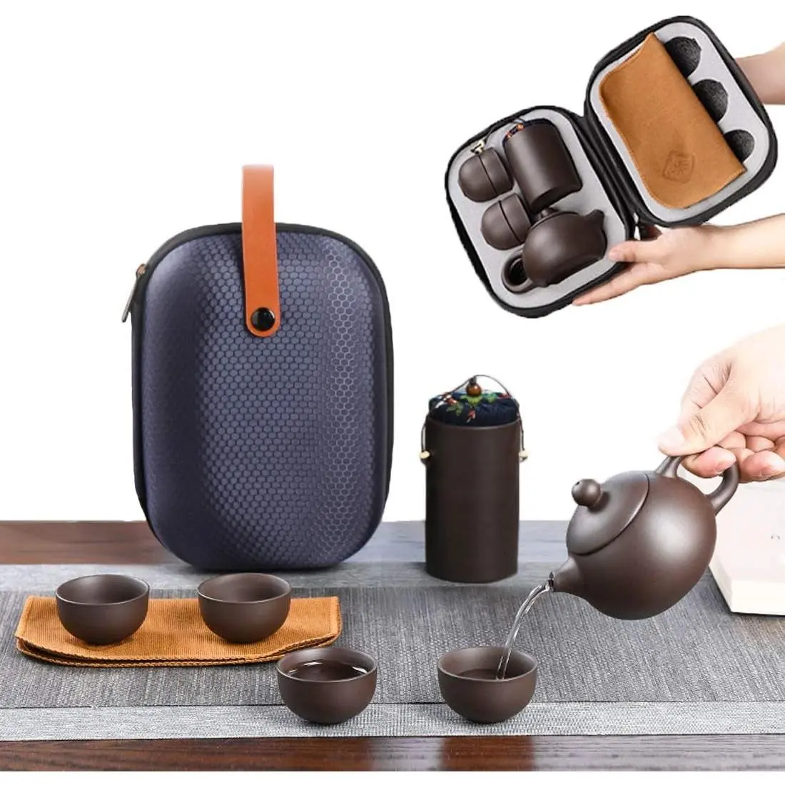 6 Pack Chinese Kungfu Ceramic Travel Tea Set, Purple Clay Porcelain Teapot, Tea Canister, 4 Teacups, Tea Mat with Portable Carry Bag, Suitable for Travel, Home, Outdoor, Office Use