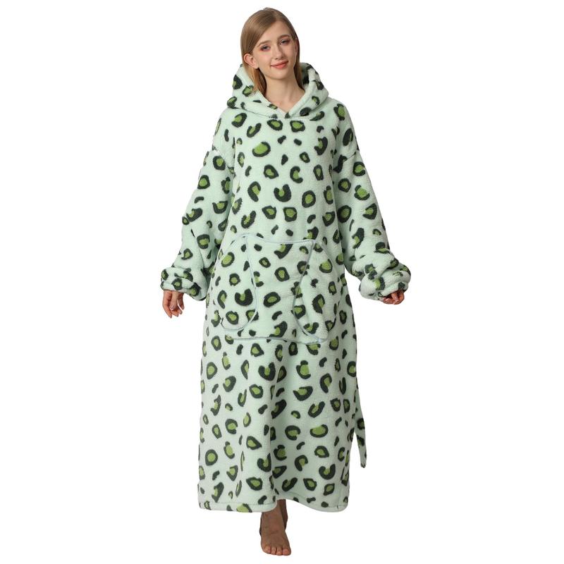 Plus Size Cute Print Hooded Blanket, 1 Count 320gsm Casual Soft Warm Oversized Hooded Wearable Blanket with Pocket, Soft Fluffy Blanket, Comfy Bedroom Gadgets, Soft Fleece Blanket, Machine Washable Blanket, Cozy Hooded Blanket, Leopard Pattern Blanket