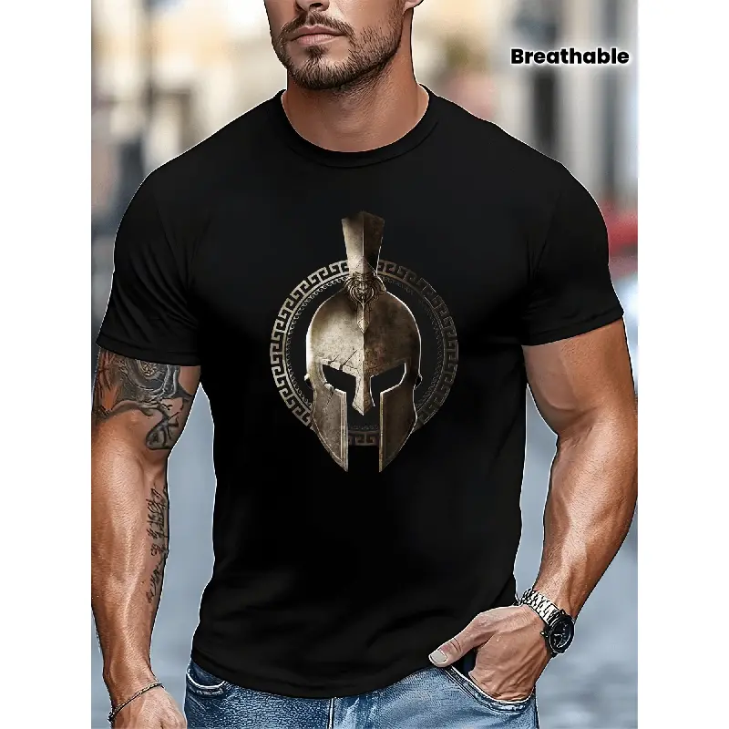 Men's Spartan Graphic Short-Sleeve Round Neck Top - Gold Greek Key Geometric All-Over Print Polyester Menswear T-Shirt, Lightweight Breathable for Workouts & Casual Wear
