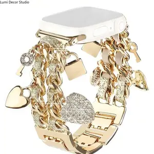Women's Double Heart Lock Watch Band Accessories, Adjustable Metal-Leather Rope Strap with Elegant Design, Compatible with Smart Watch Series 4-11 and SE Models