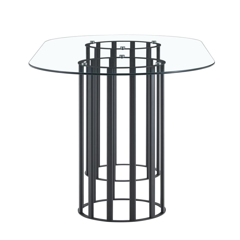 71 inch oval tempered glass dining table,black double column light luxury style,tempered glass scratch resistant and easy to clean.Suitable for 6-8 people dining, modern light luxury restaurant table.