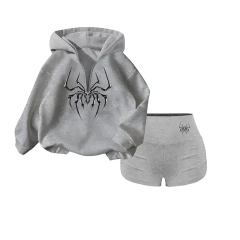 Y2K Fall Winter New Arrival Pullover Hoodie + High Waist Yoga Shorts Set, Fitness Outfits, Punk Style, Long Sleeve, Slim Fit