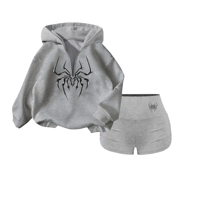 Y2K Fall Winter New Arrival Pullover Hoodie + High Waist Yoga Shorts Set, Fitness Outfits, Punk Style, Long Sleeve, Slim Fit