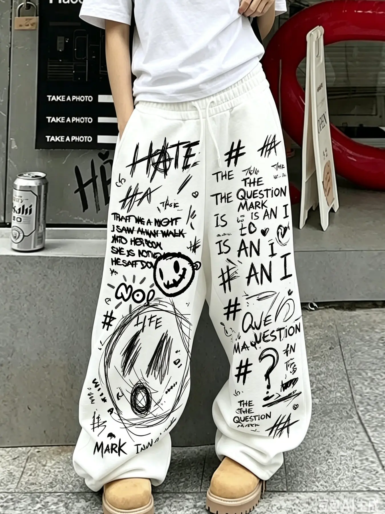 Men's White Drawstring Elastic Waist Wide Leg Sweatpants, Full Print Black Graffiti Text Smiley Question Mark Sketch Graphic, Loose Baggy Street Fit, Soft Thick Knit Fabric, Side Pocket Design, Punk Y2K Hip Hop Daily Casual Streetwear Trousers