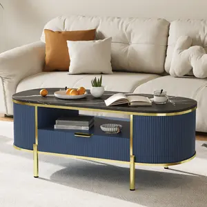 48 Inch Oval Coffee Table with Storage Modern Luxury Faux Marble Top Fluted Base Center Table with Drawer and Gold Legs for Living Room Natural Oak Finish
