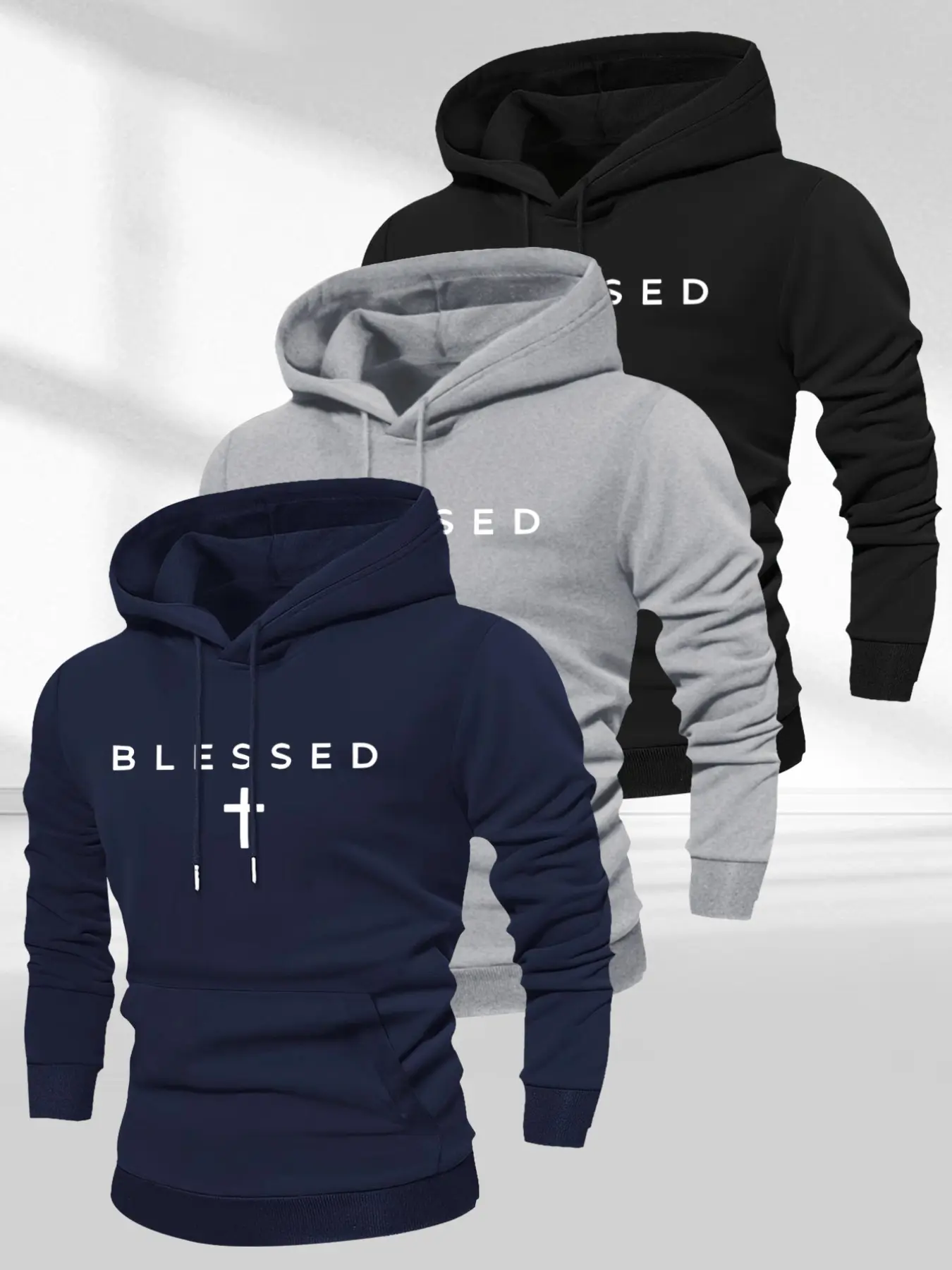 Men's Casual Geometric Print Hoodie Set, Loose-Fit Long Sleeve Sweatshirts, All-Season Unlined Pullover, 3-Piece