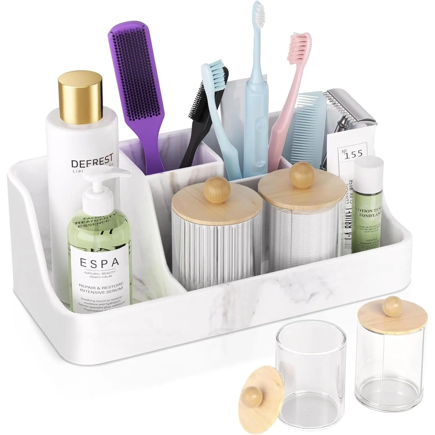 Marble Bathroom Countertop Organizer -  Bathroom  Countertop Organizer -  Brush Organizer With 2 count Qtip Holder Dispenser -  Holder Drainage - Bathroom Essentials