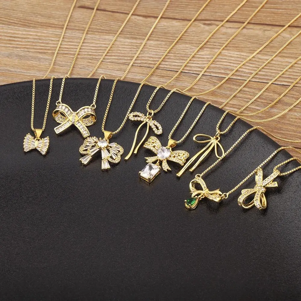 Nidin Korea Popular Shiny Crystal Zircon Bow Knot Shape Charm Ribbon Pendant Necklace 8 Styles For Women Girl Daily Party Gifts